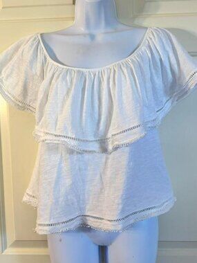 * PPLA Clothing White Top Women's Ruffled Tiered Overlay Boho Cotton M